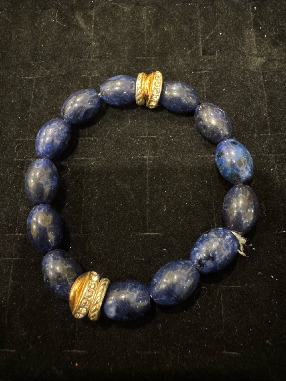 Blue Sodalite Stone Beaded Stretch Bracelet Rhinestone Gold Tone Accents
